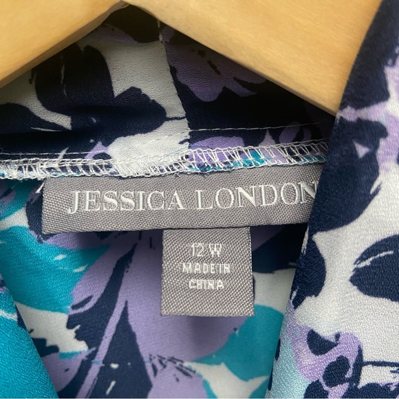 Jessica‎ London Drape Tie Front Navy/Purple Floral Print Career Top - Picture 6 of 7